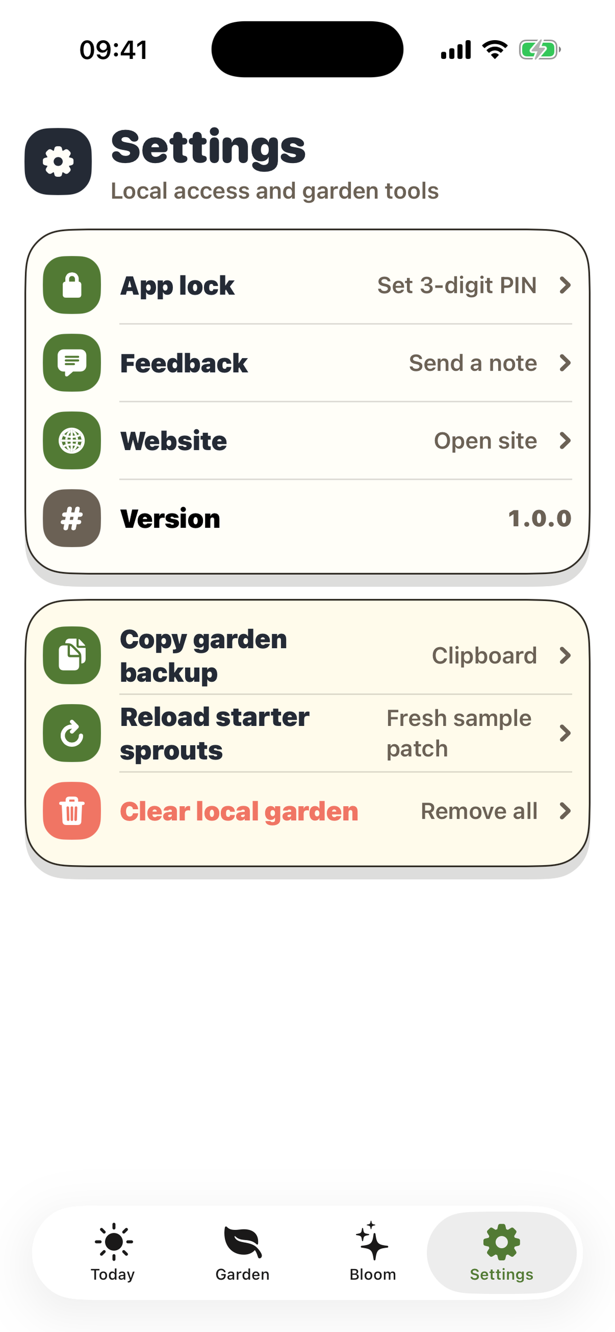 PipSprout Settings screenshot